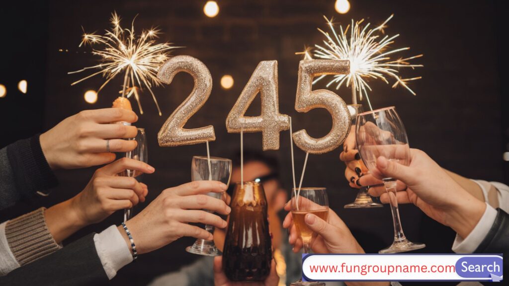 Excited group of friends celebrating New Year’s Eve with fun props and confetti, perfect for party and fun team name inspiration

