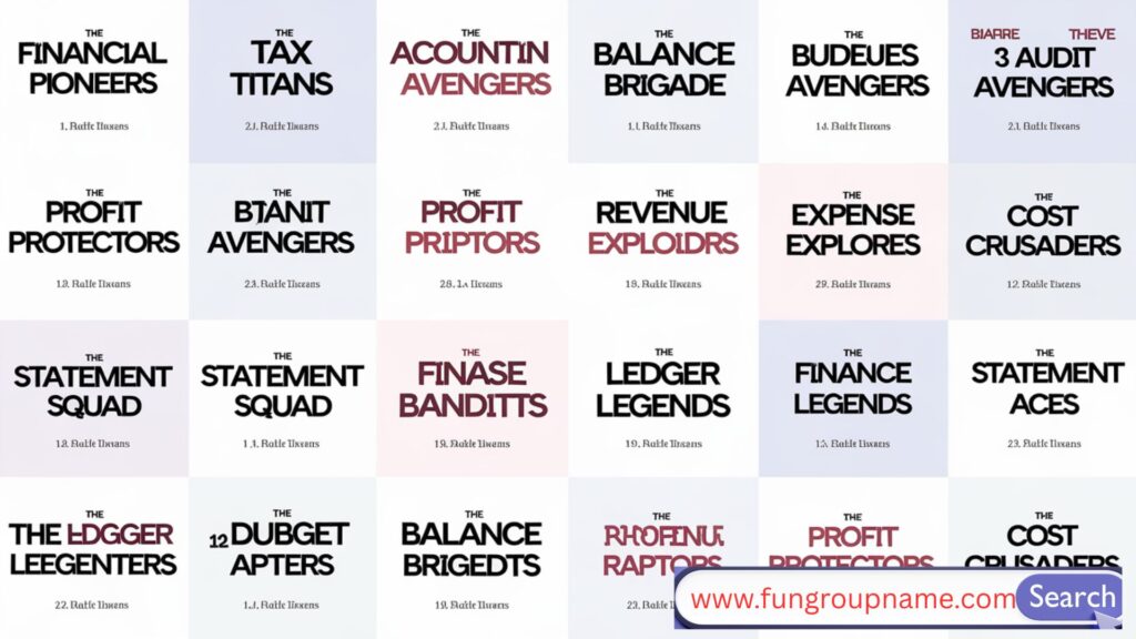 Creative and fun themed group names concept with colorful icons and category ideas for teams, clubs, and events


