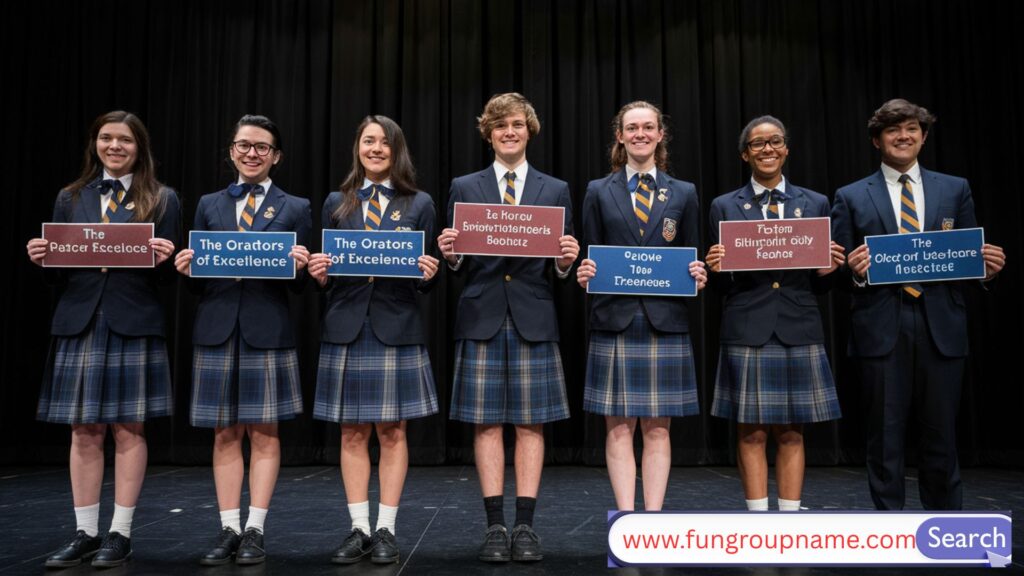 Elegant debate team members in formal attire showcasing traditional and prestigious speech team names

