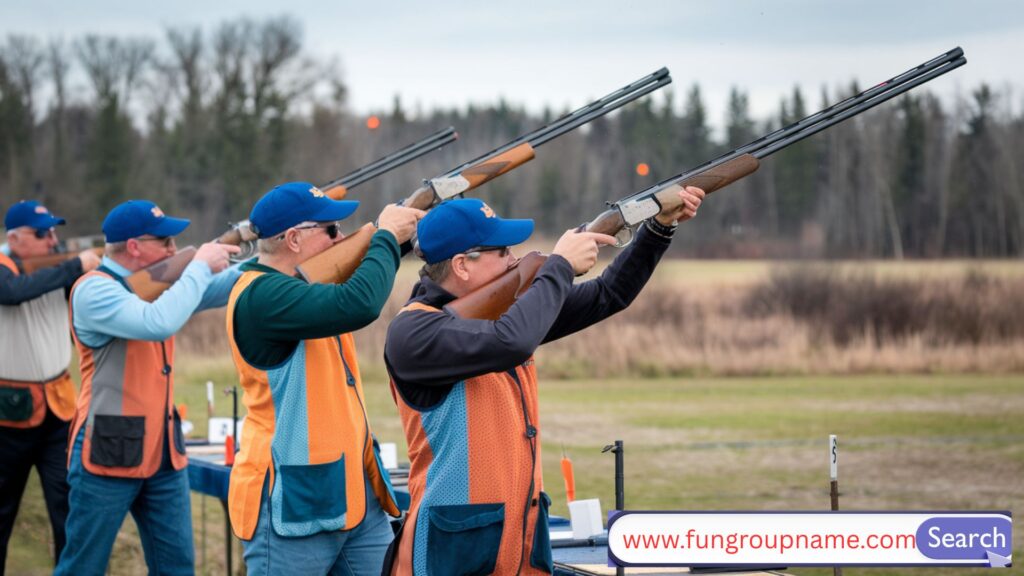 Creative and quirky trap and skeet team posing in colorful uniforms at a clay shooting range with bold team name sign

