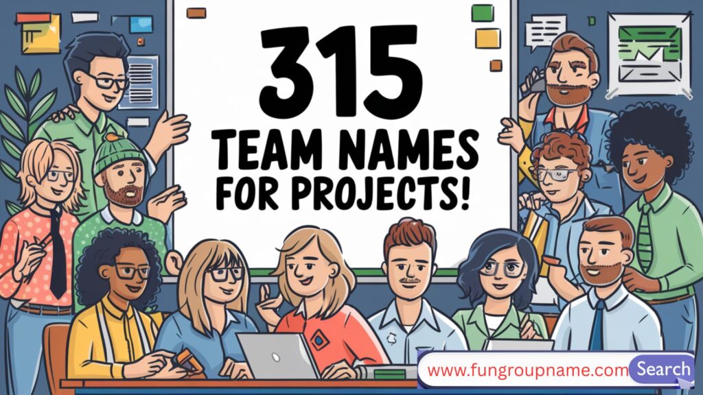 Creative and fun project team name ideas written on colorful sticky notes across a whiteboard in an office brainstorming session