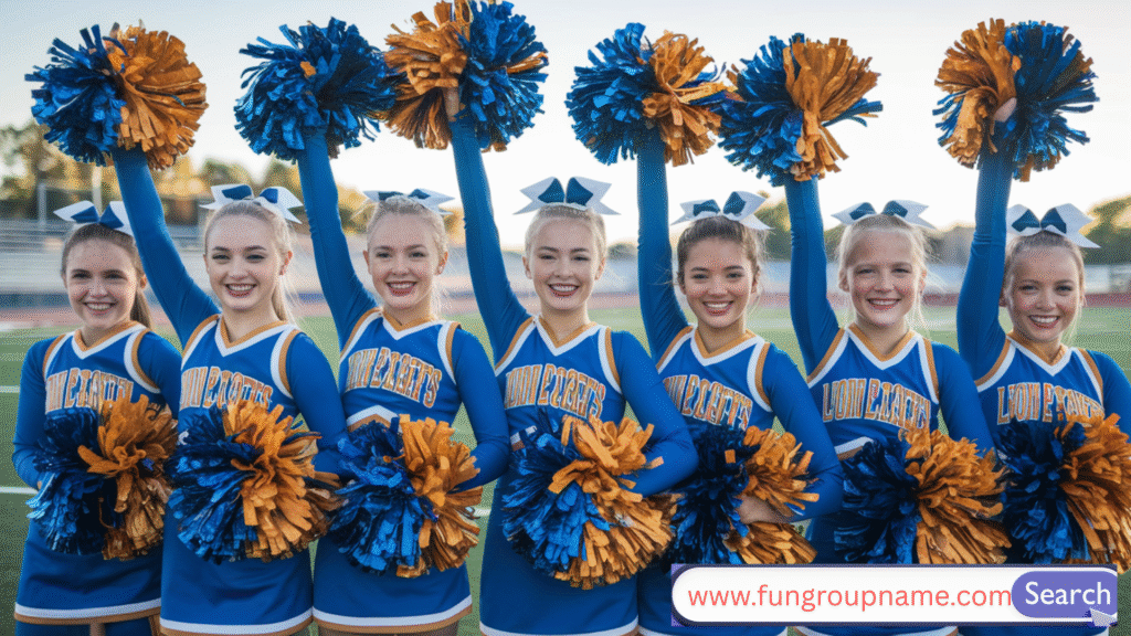 Energetic cheerleading team performing with pom-poms — creative and fun cheerleading club names for every squad.