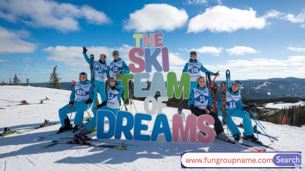 Clever ski team posing on snowy mountain with custom team gear and skis in hand