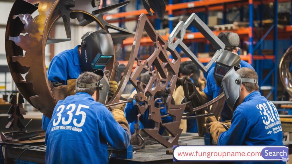 Creative welding group names for teams, clubs, and businesses with sparks flying in a metal workshop