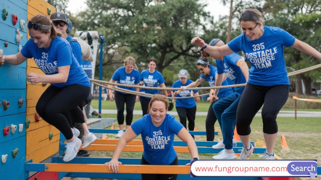 "Group of friends in matching shirts celebrating after completing an obstacle course race with fun team name banner"