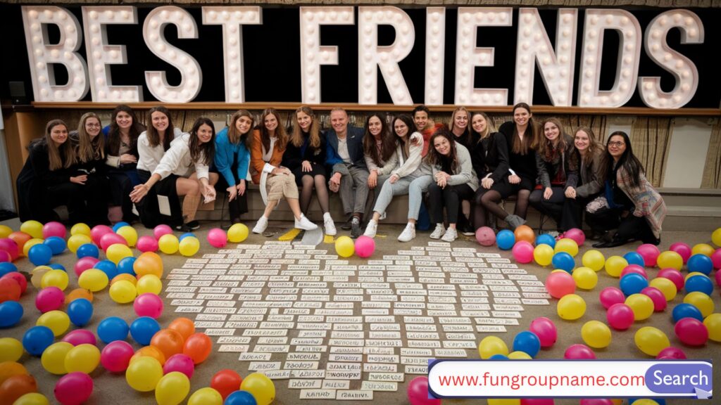 Creative and funny best friends group names image with diverse friends hanging out, laughing, and enjoying time together