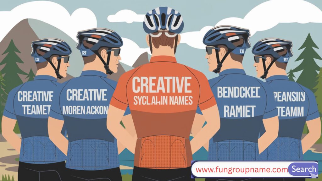 Group of cyclists riding in formation on a scenic trail, symbolizing unity and creativity in cycling team names.