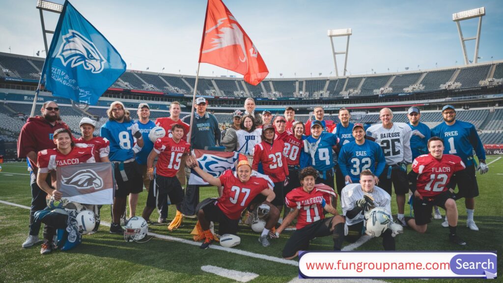 Flag football team celebrating on the field with custom jerseys, representing fun and creative team name ideas.