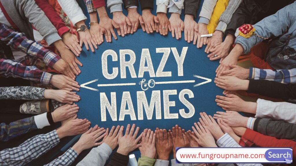 Colorful illustration of a lively, diverse group laughing with bold text saying “Crazy Group Names That Shock Everyone” – fun, creative, and attention-grabbing visual for group name ideas.