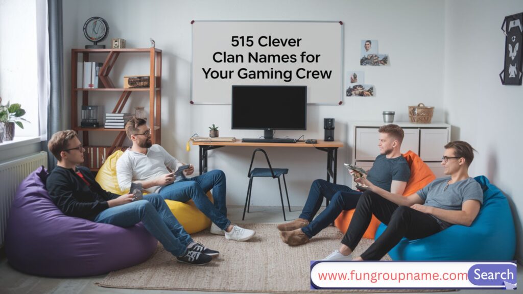 Epic gamer clan gathering with creative team logos, representing clever clan names for gaming crews.