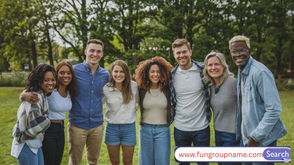 Classic best friend group names written in stylish font with diverse group of happy friends laughing outdoors

