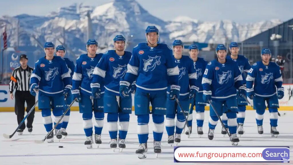 Ice hockey team facing off on the rink with bold classic team name uniforms, showcasing traditional hockey spirit

