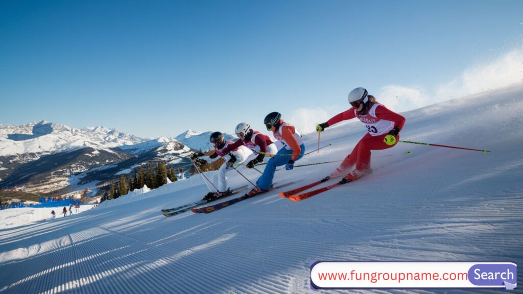 Ski team racing down a snowy mountain with classic uniforms under a blue sky — representing timeless ski team traditions.

