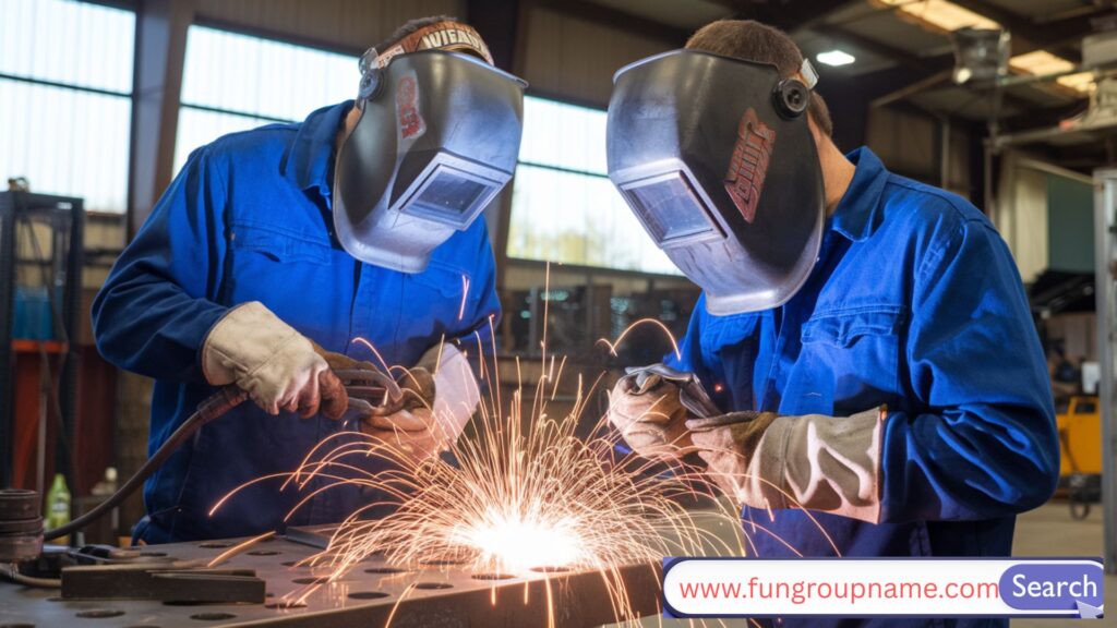 Creative welding group names list for teams, clubs, and businesses with sparks and metalwork background
